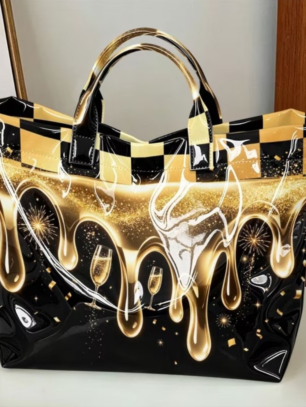 Women Liquid Golden Drip Casual Daily Commute Tote Large - Picture 3 of 6